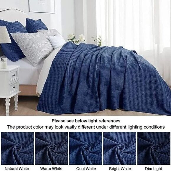 PHF Blue 100% Cotton Waffle Lightweight 90 x 90 in Weave Blanket Queen SU249 - Picture 3 of 6